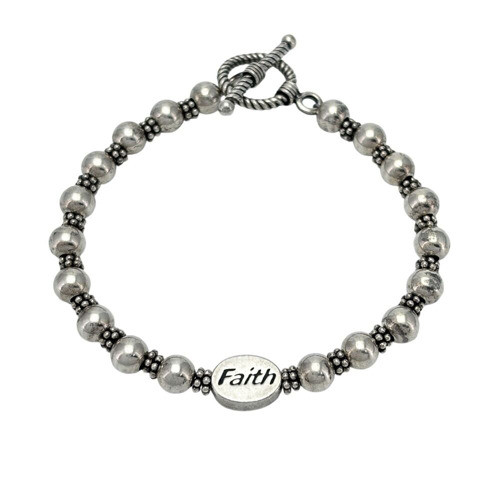 Vintage Sterling Silver 925 Beaded "Faith" Toggle Bracelet 7.25"